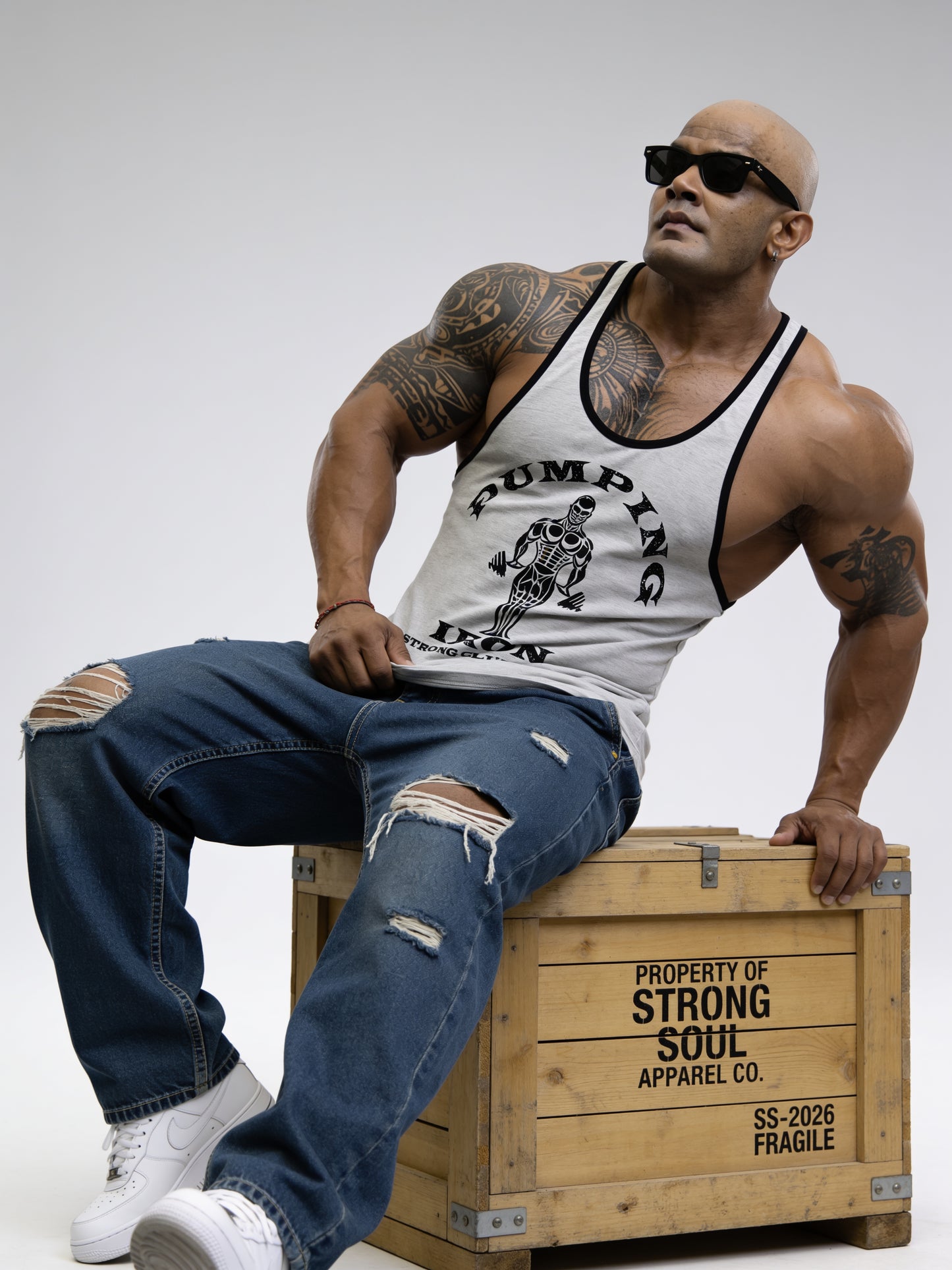 Light Grey Black - T109 - Pumping Iron - Gym Tank Top