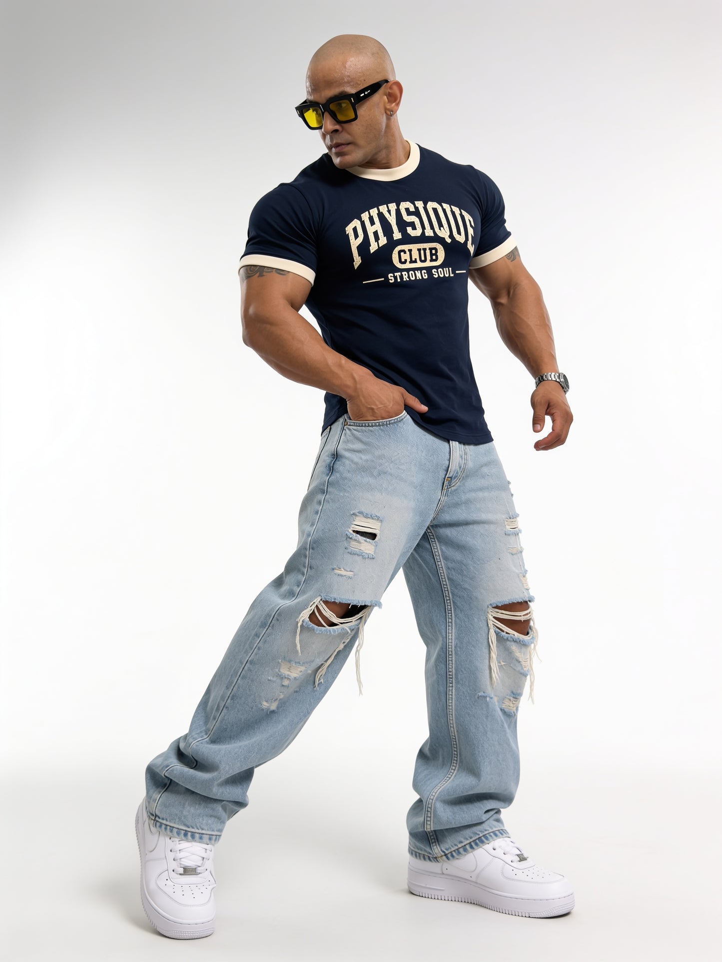 Royal Blue Cream - Physique Club - Ringer T-Shirt