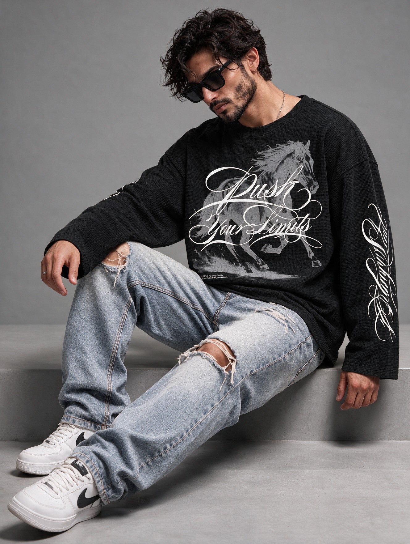 Black - Push Your Limits - Waffle Long Sleeve