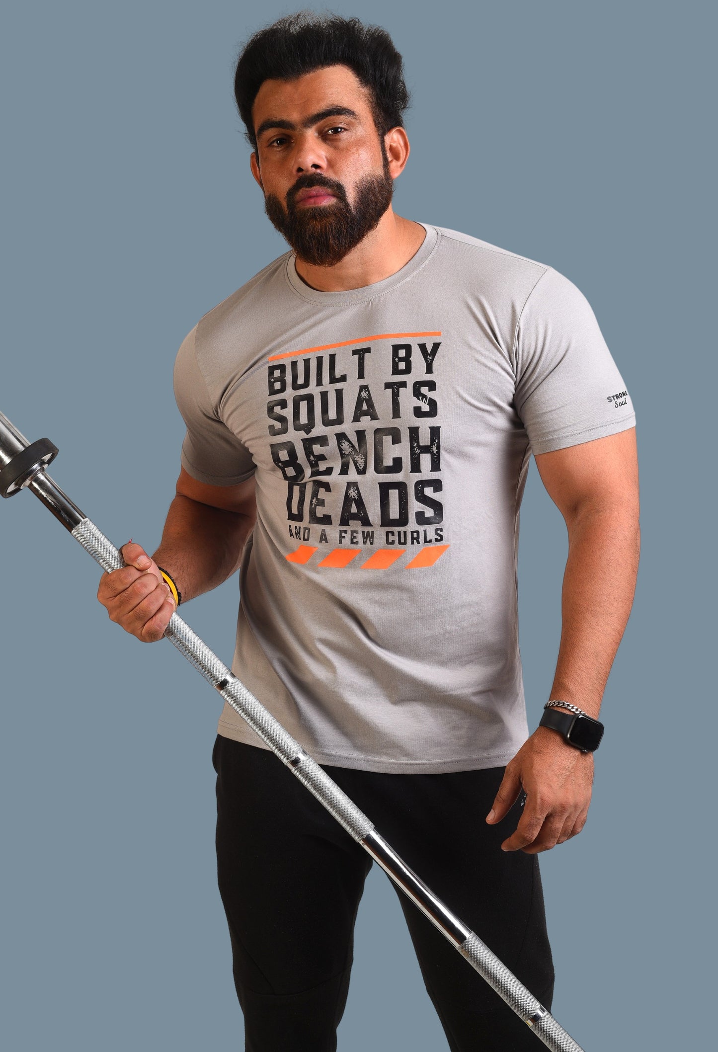 Gym T Shirt - Built By Squats Bench Deads And A Few Curls - Men T-Shirt with premium cotton Lycra. The Sports T Shirt by Strong Soul