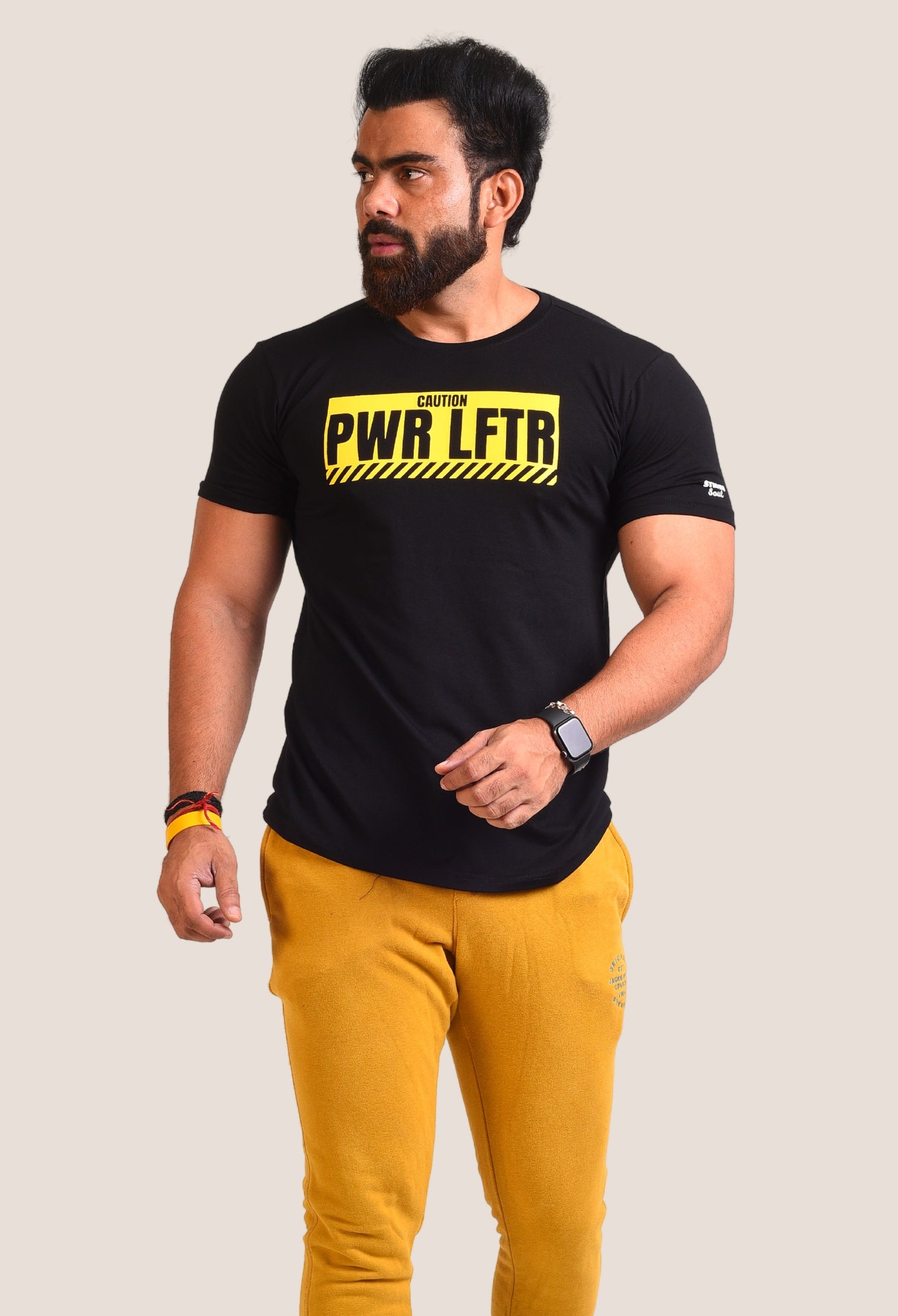 Gym T Shirt - Caution Power Lifter - Men T-Shirt with premium cotton Lycra. The Sports T Shirt by Strong Soul