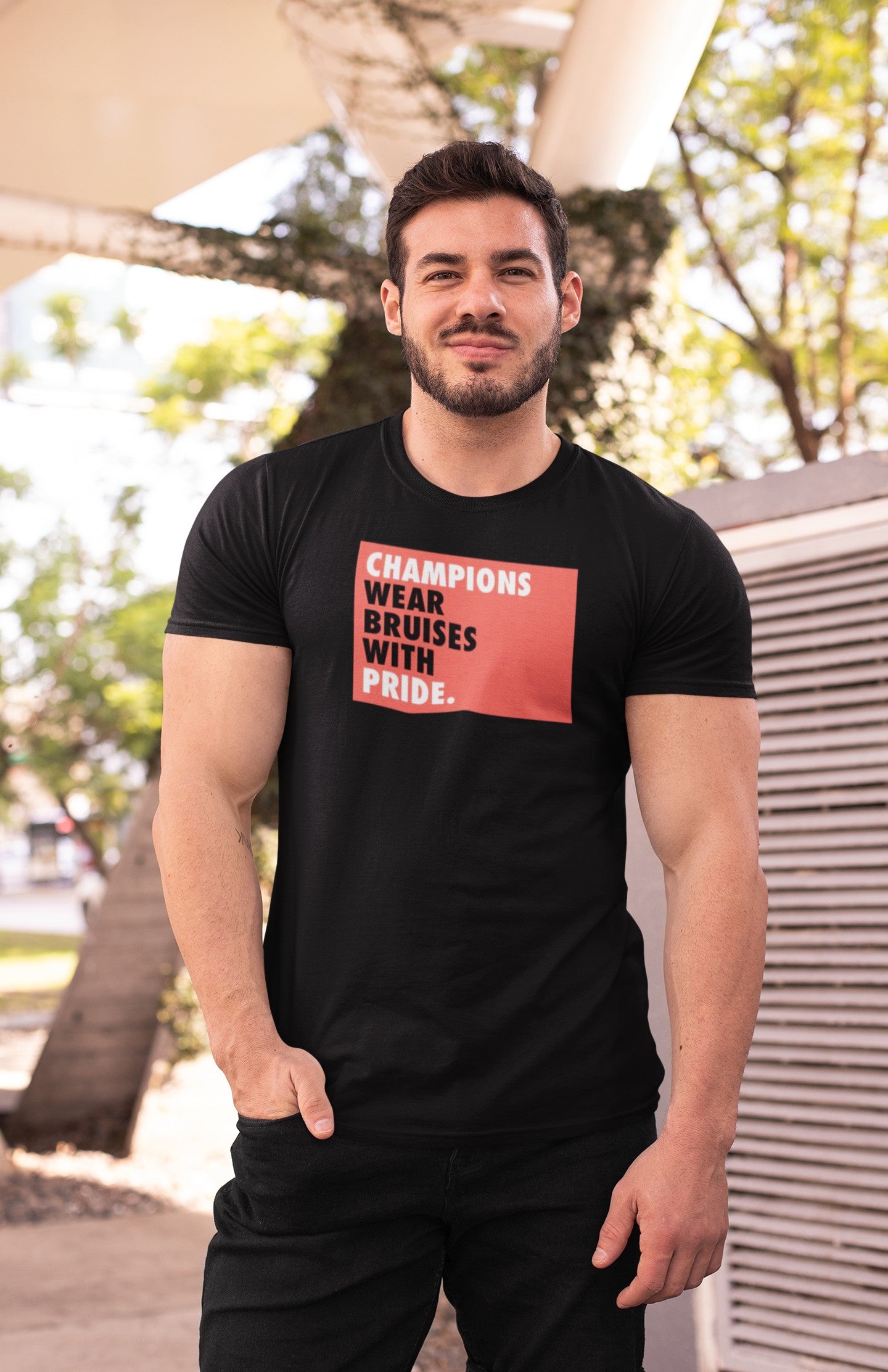Gym T Shirt - Champions Wear Bruises With Pride with premium cotton Lycra. The Sports T Shirt by Strong Soul