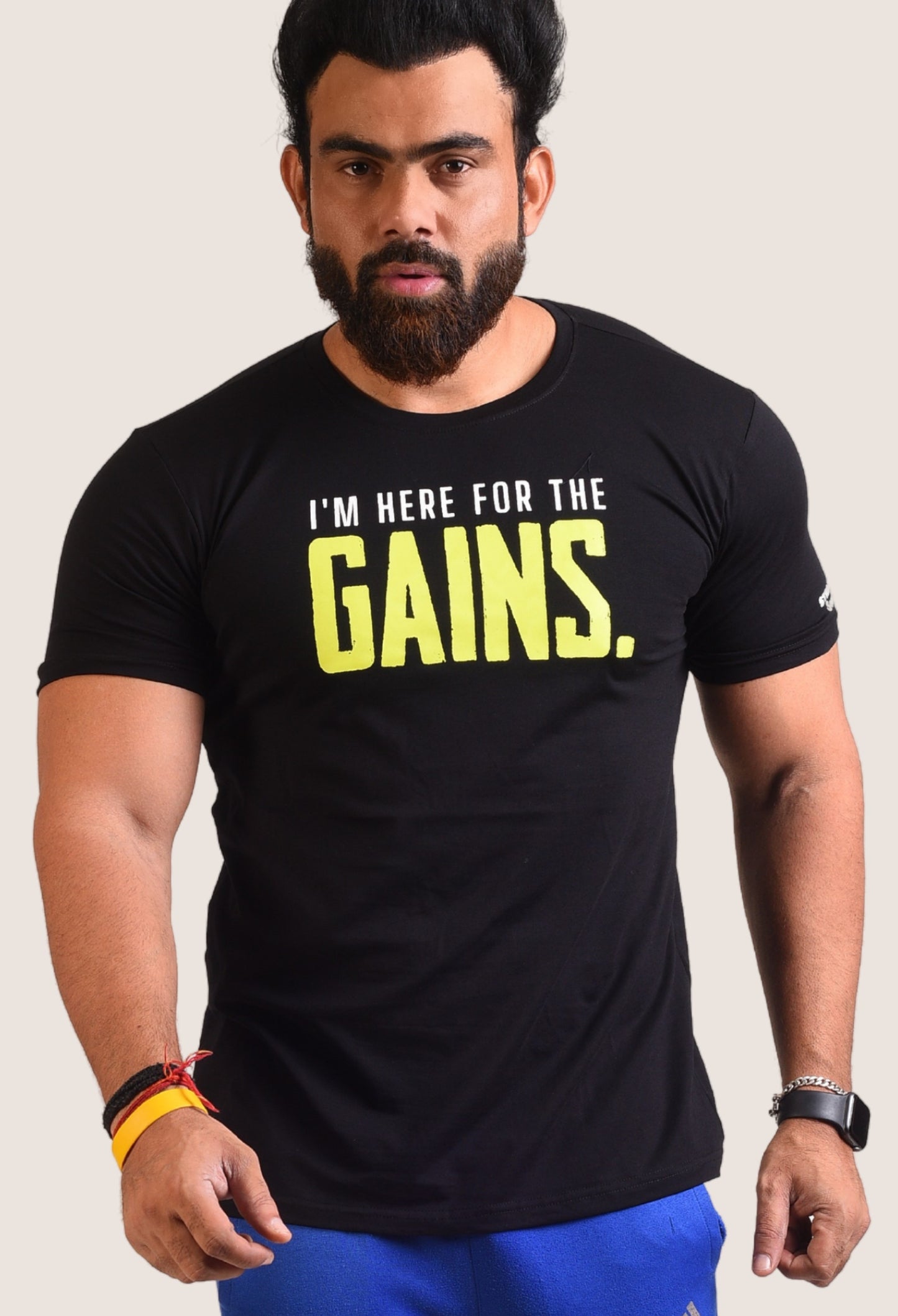 Gym T Shirt - I Am Here For The Gains - Men T-Shirt with premium cotton Lycra. The Sports T Shirt by Strong Soul