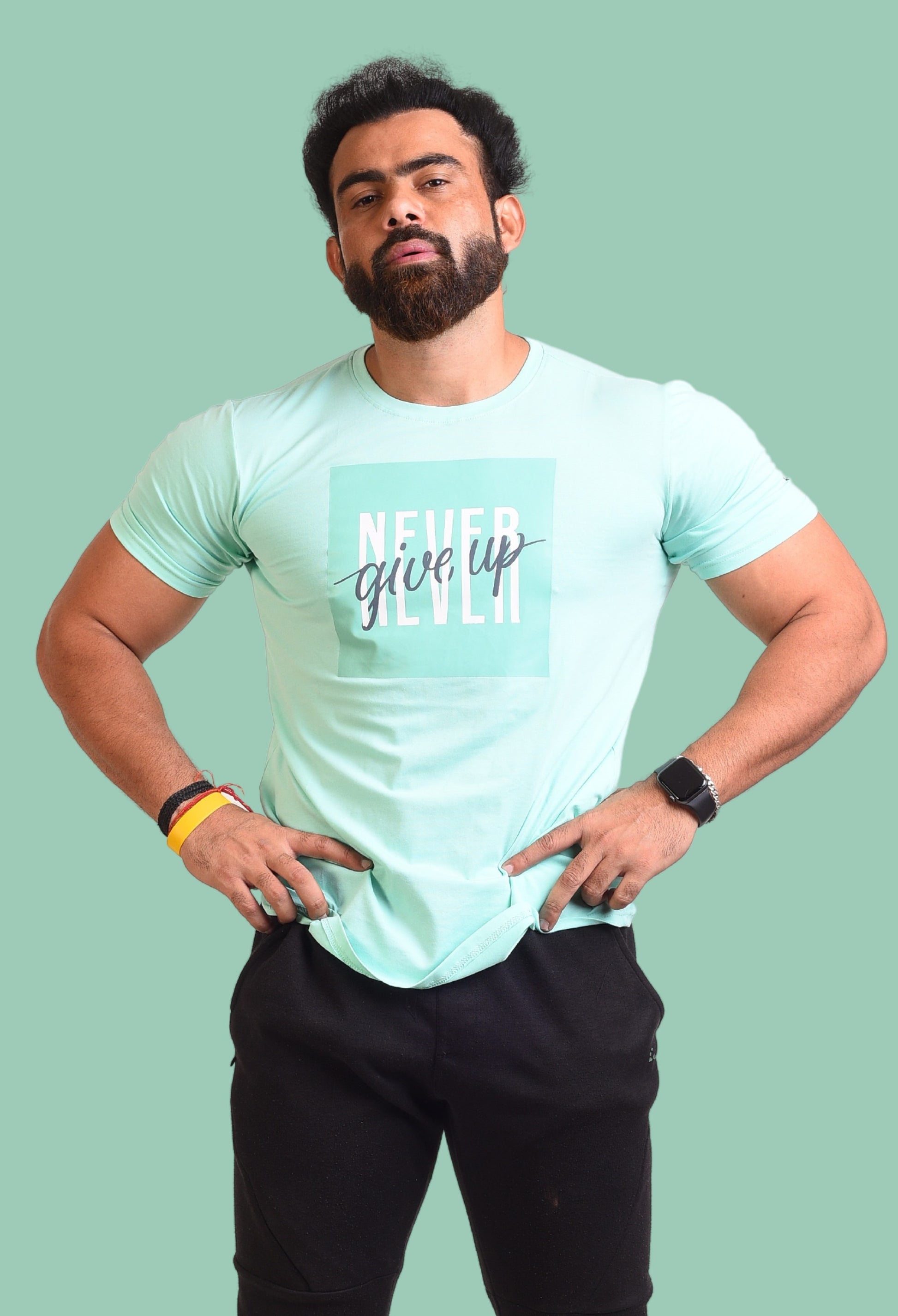 Gym T Shirt - Never Give Up - Men T-Shirt with premium cotton Lycra. The Sports T Shirt by Strong Soul
