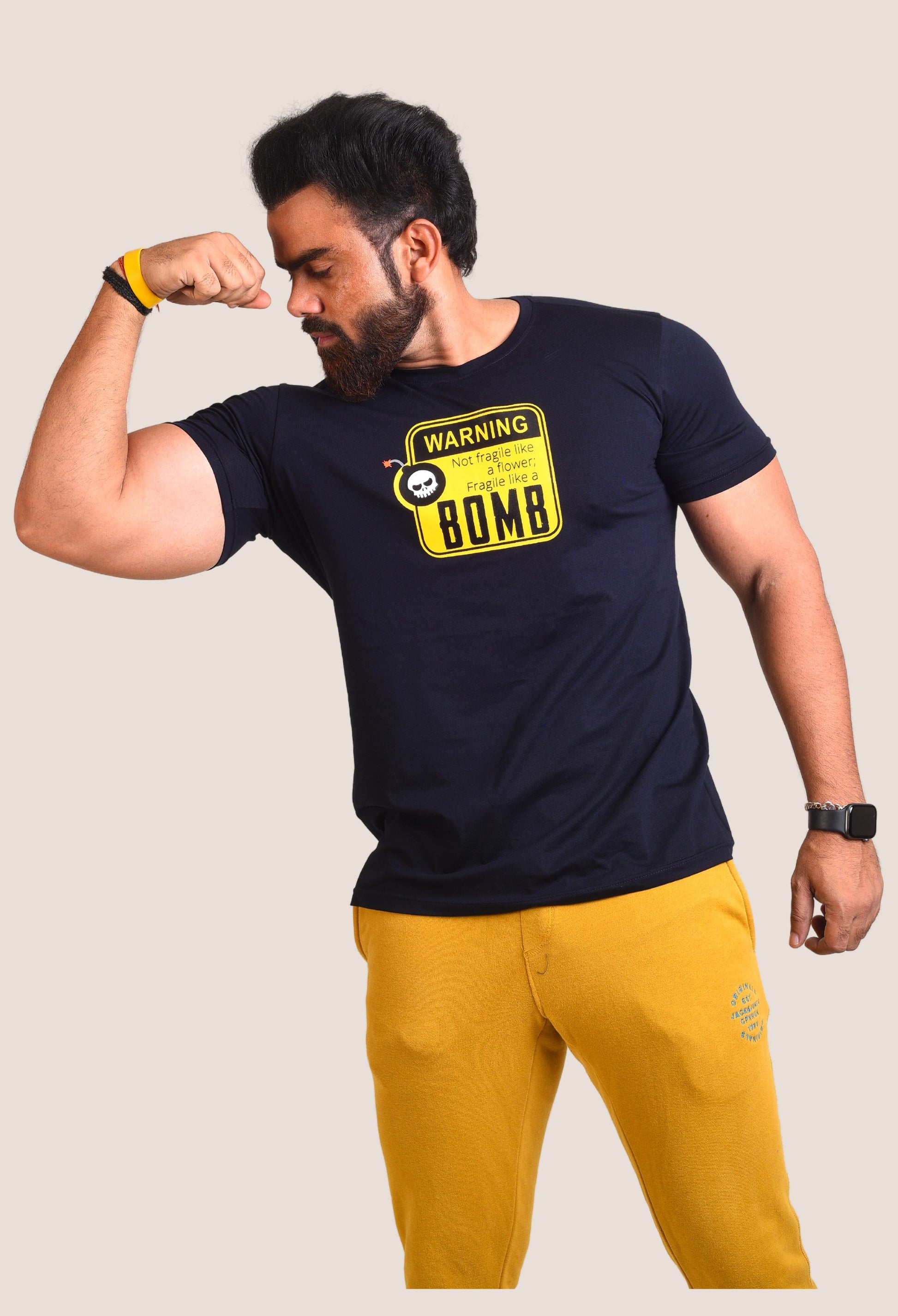 Gym T Shirt - Not Fragile Like A Flower Fragile Like A BOMB - Men T-Shirt with premium cotton Lycra. The Sports T Shirt by Strong Soul