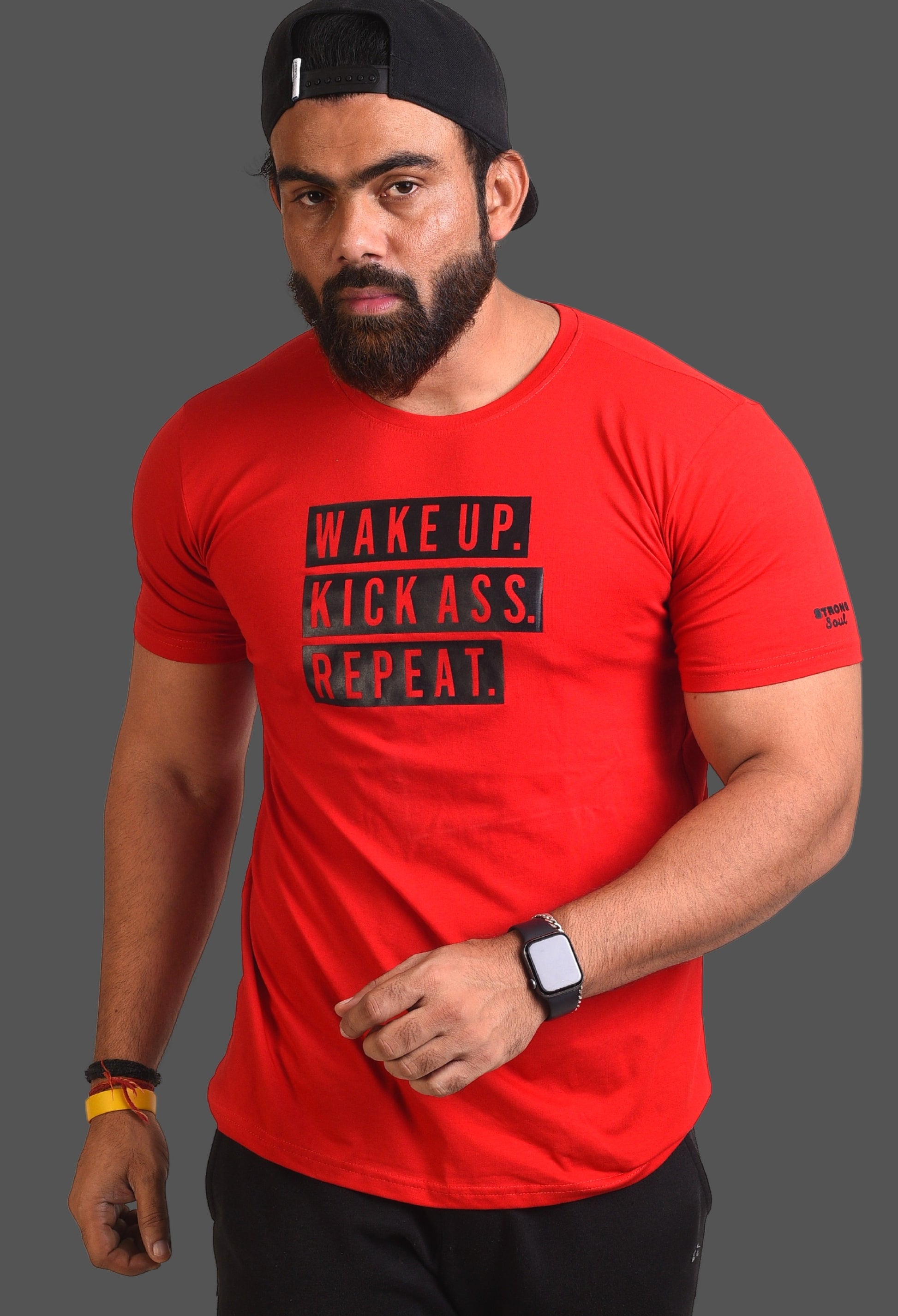 Gym T Shirt - Wake Up Kick Ass Repeat - Men T-Shirt with premium cotton Lycra. The Sports T Shirt by Strong Soul