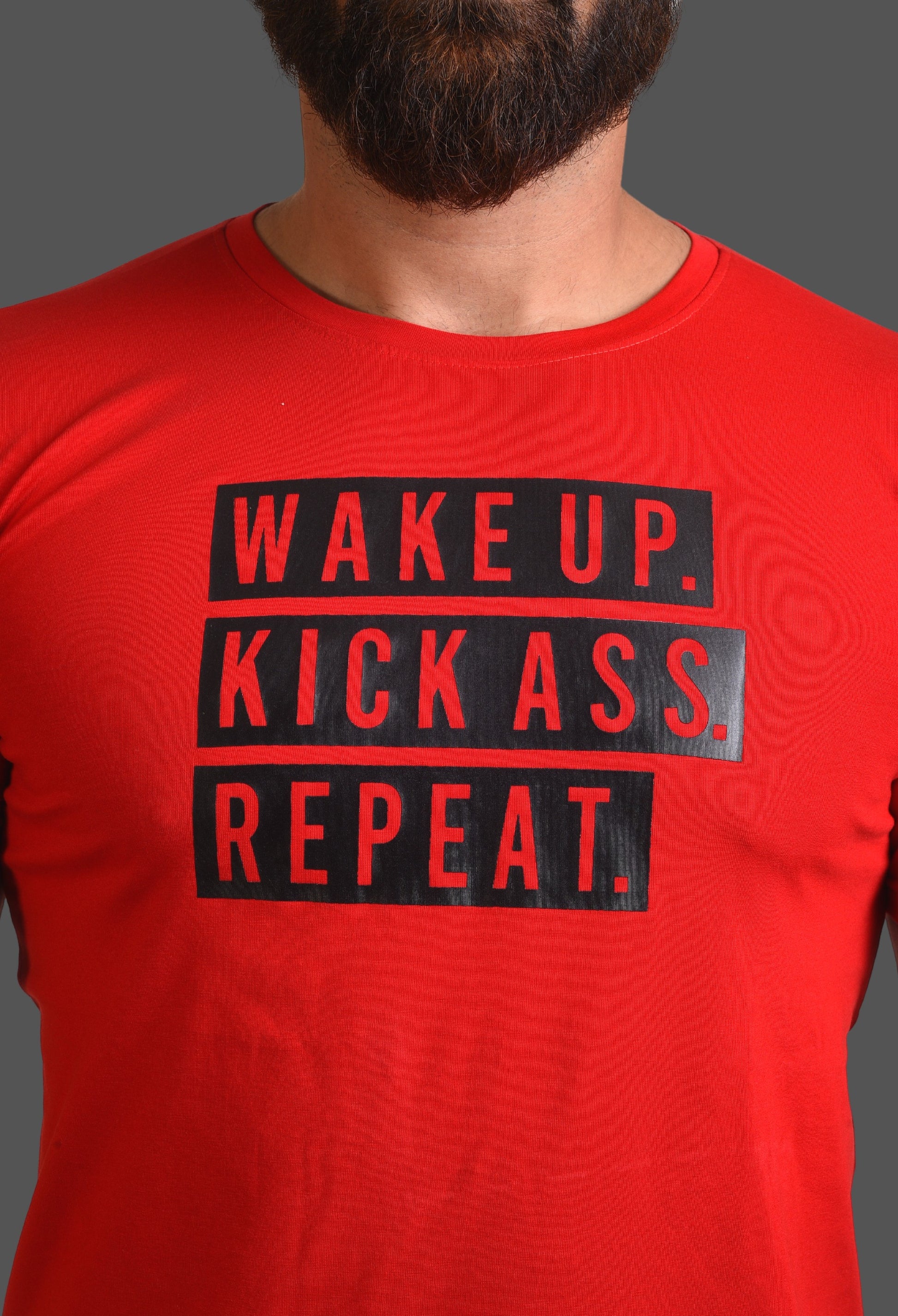 Gym T Shirt - Wake Up Kick Ass Repeat - Men T-Shirt with premium cotton Lycra. The Sports T Shirt by Strong Soul