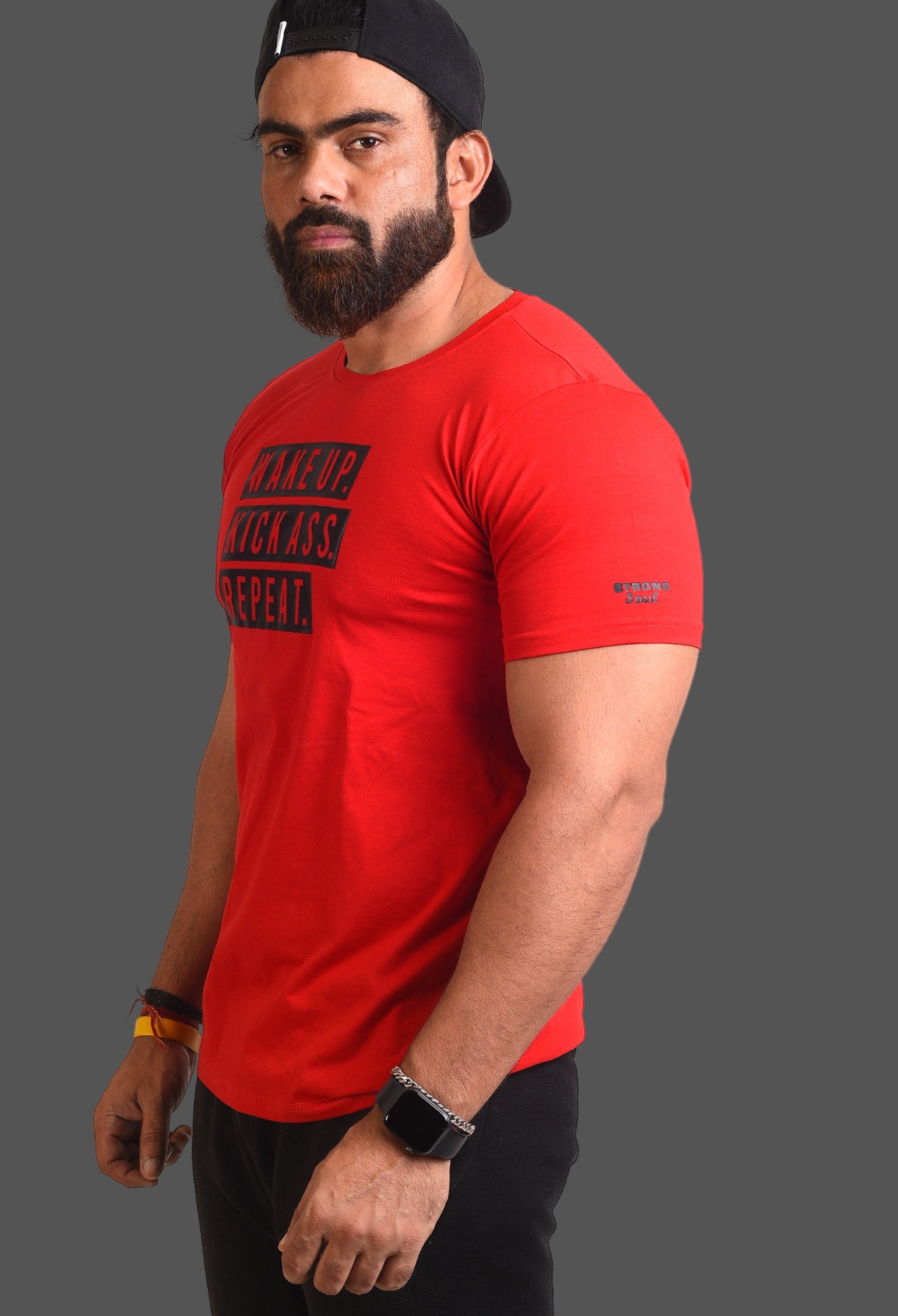 Gym T Shirt - Wake Up Kick Ass Repeat - Men T-Shirt with premium cotton Lycra. The Sports T Shirt by Strong Soul