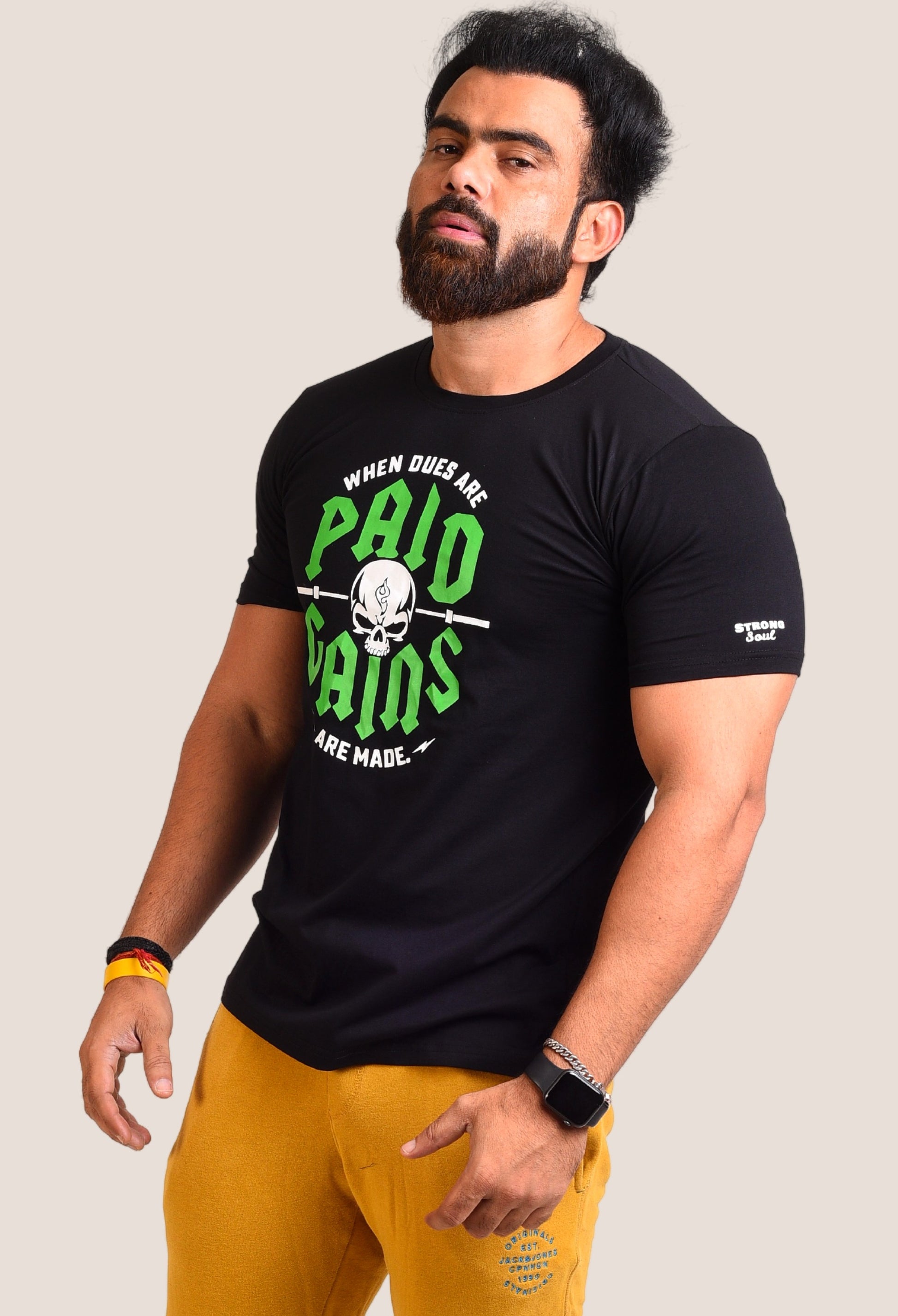Gym T Shirt - When Dues Are Paid Gains Are Made with premium cotton Lycra. The Sports T Shirt by Strong Soul